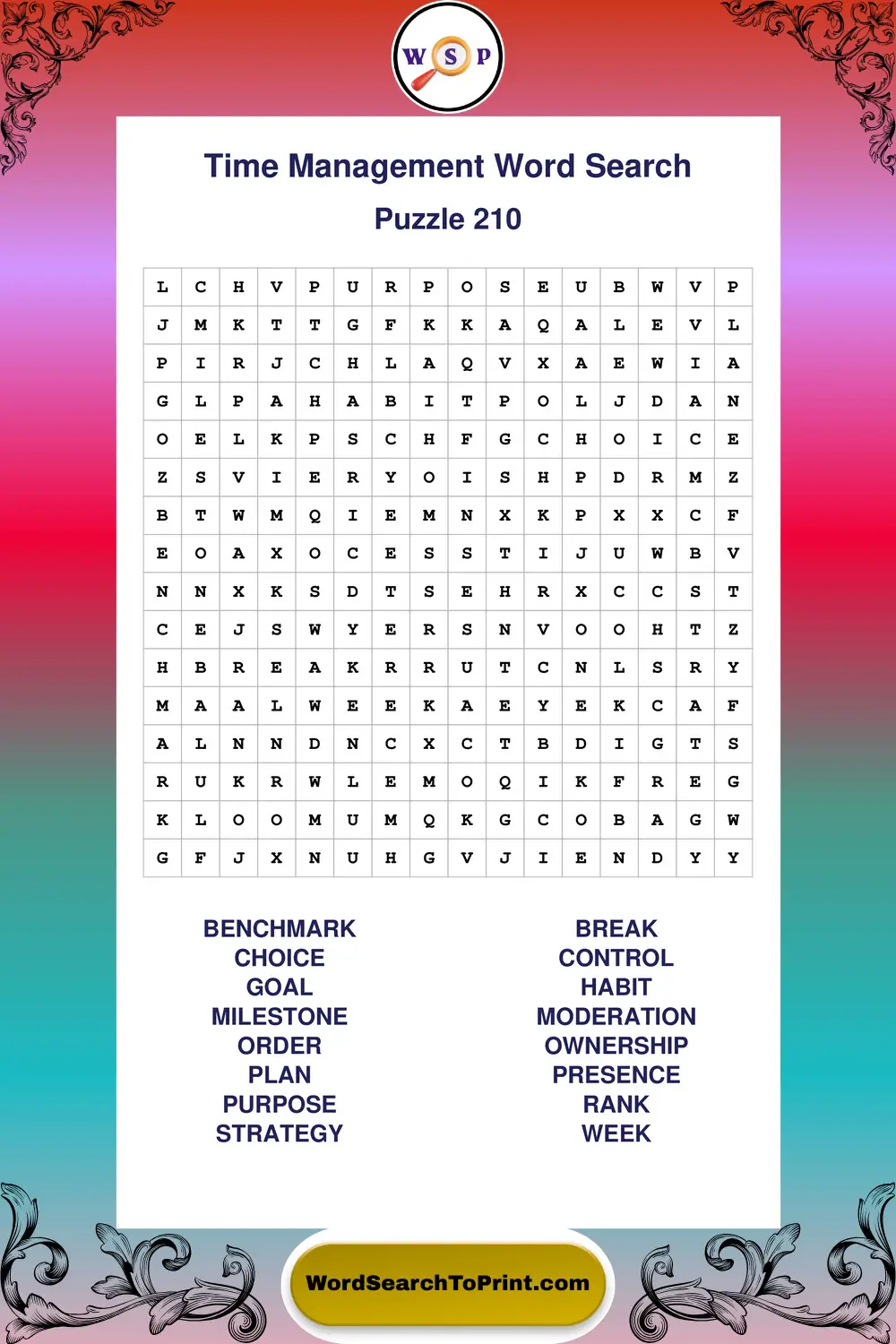Time Management Word Search Puzzle 210
