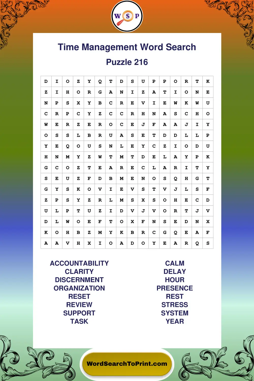 Time Management Word Search Puzzle 216