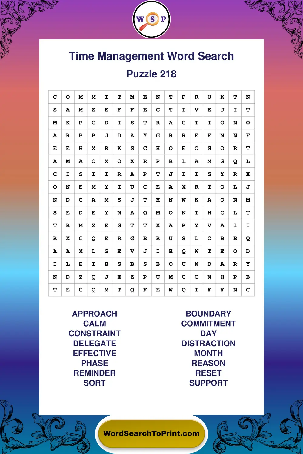 Time Management Word Search Puzzle 218