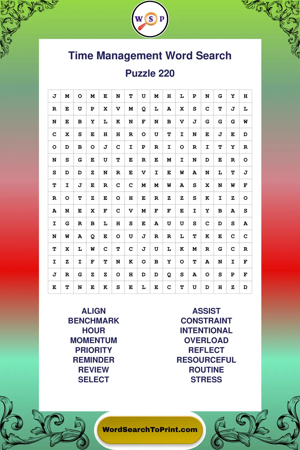 Time Management Word Search Puzzle 220
