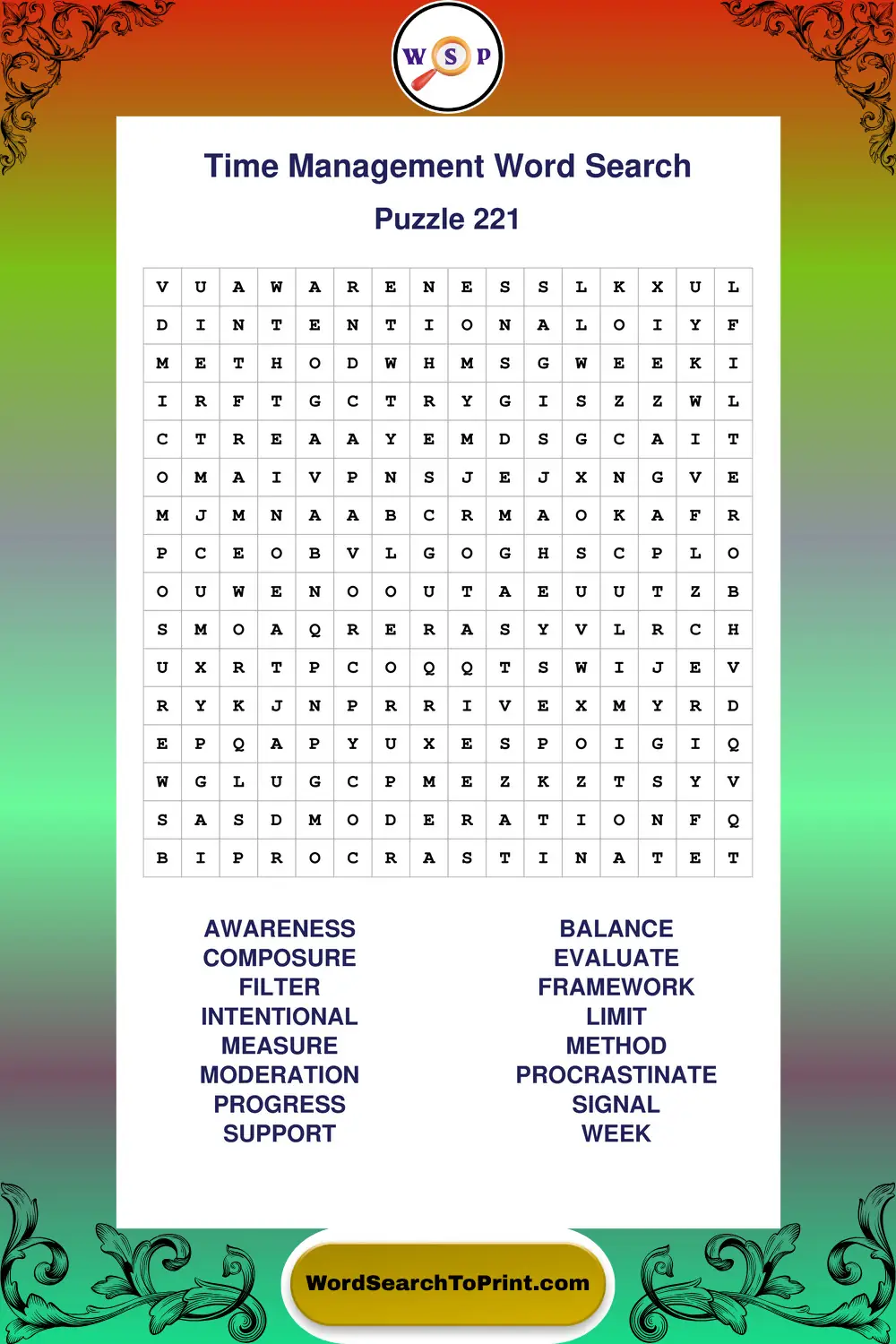 Time Management Word Search Puzzle 221