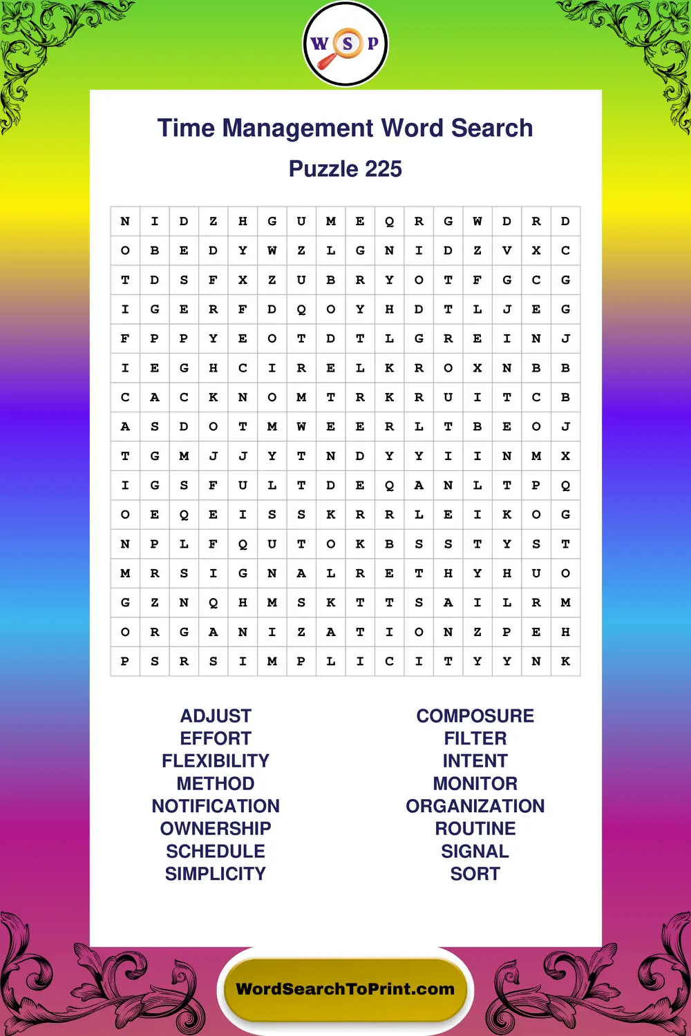 Time Management Word Search Puzzle 225