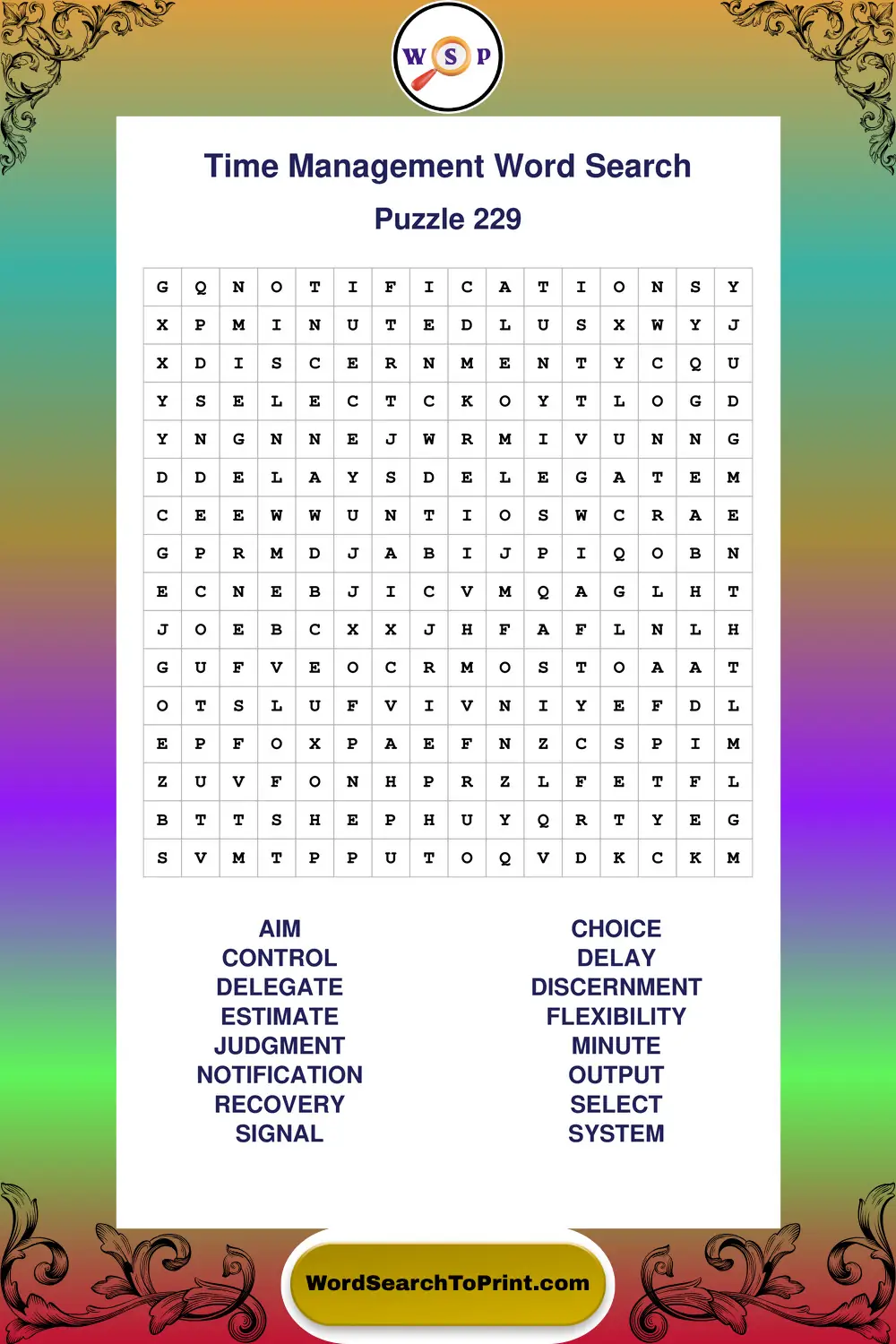 Time Management Word Search Puzzle 229