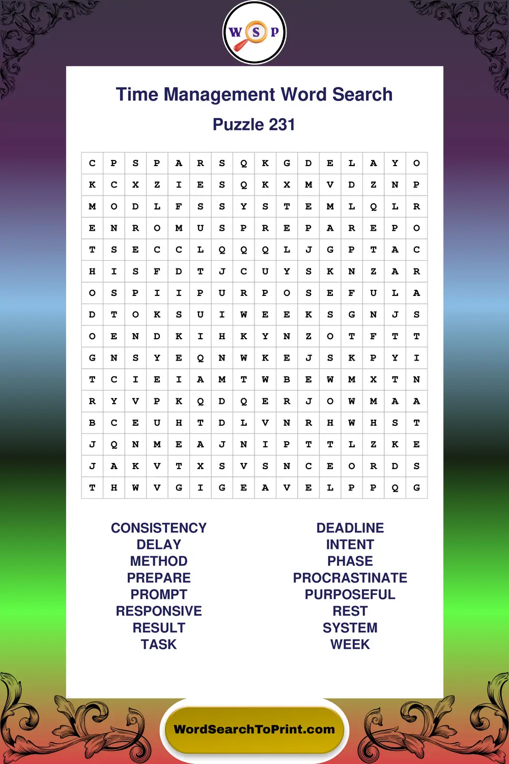 Time Management Word Search Puzzle 231