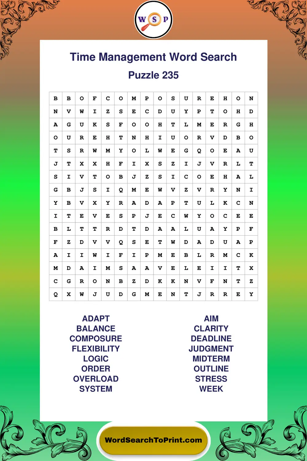 Time Management Word Search Puzzle 235