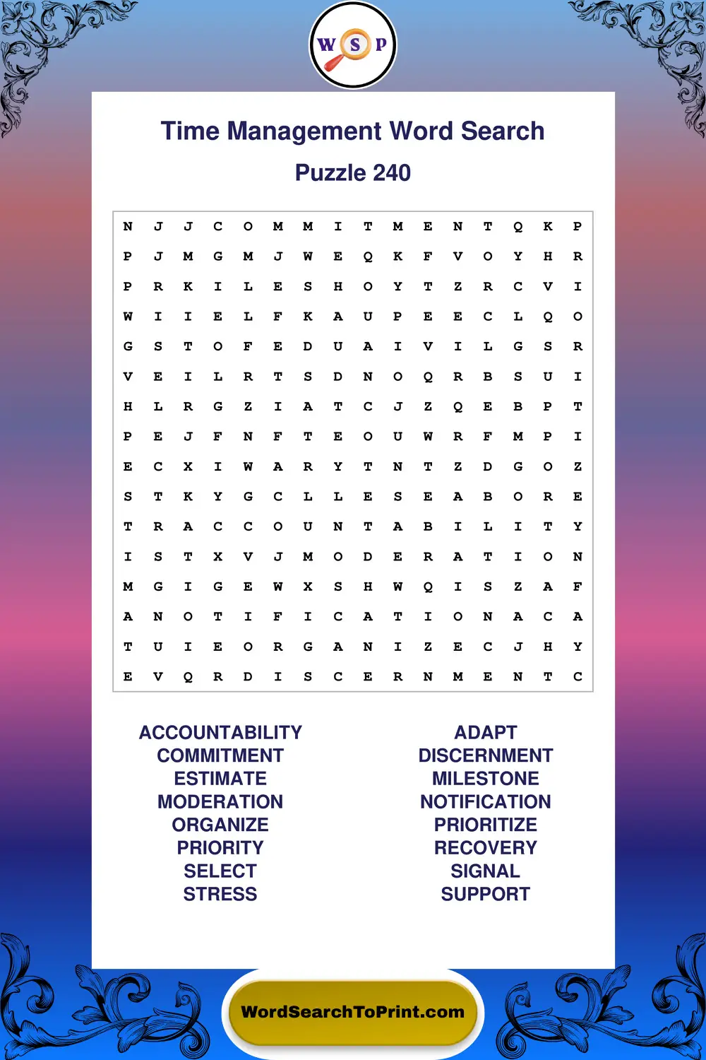 Time Management Word Search Puzzle 240