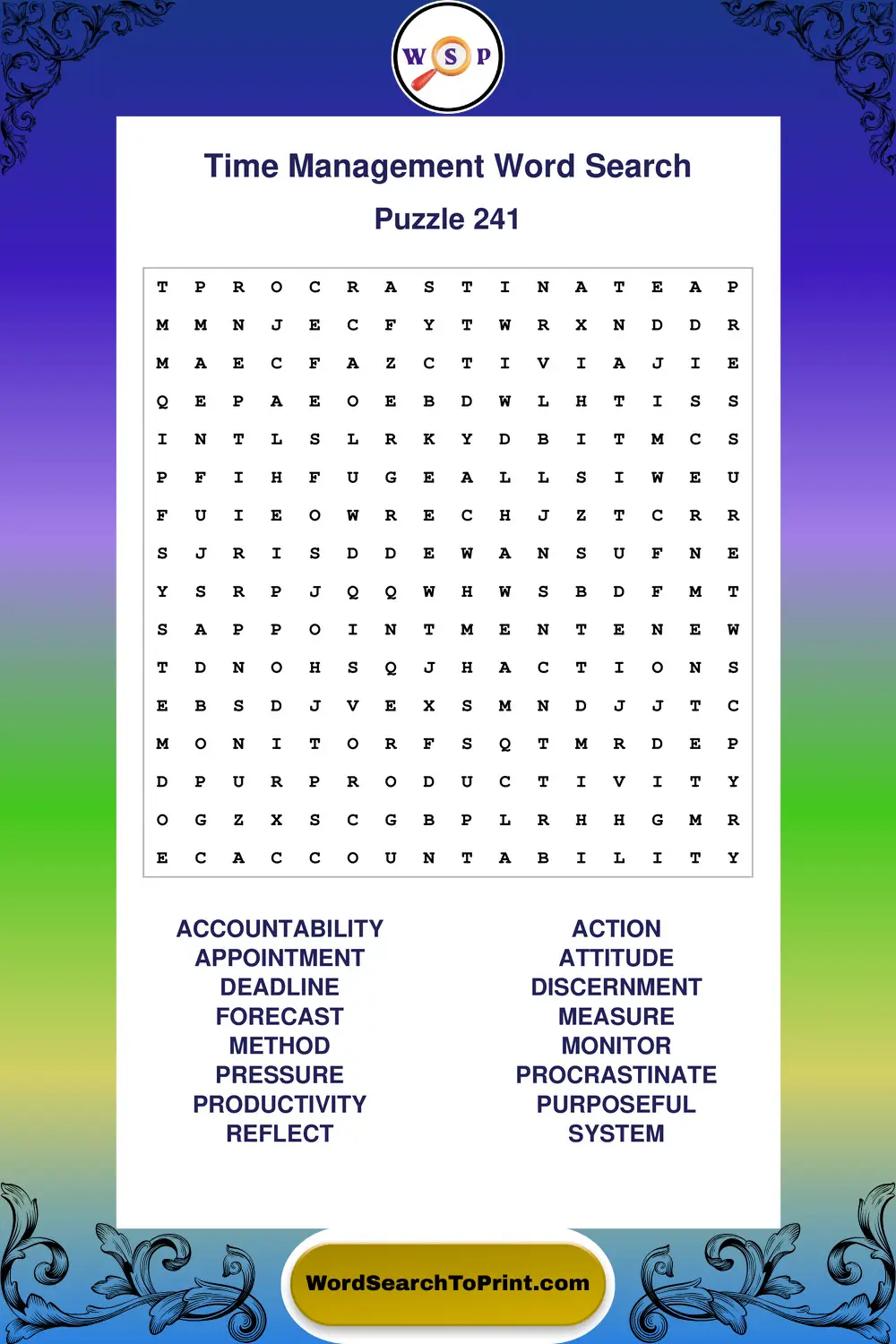 Time Management Word Search Puzzle 241