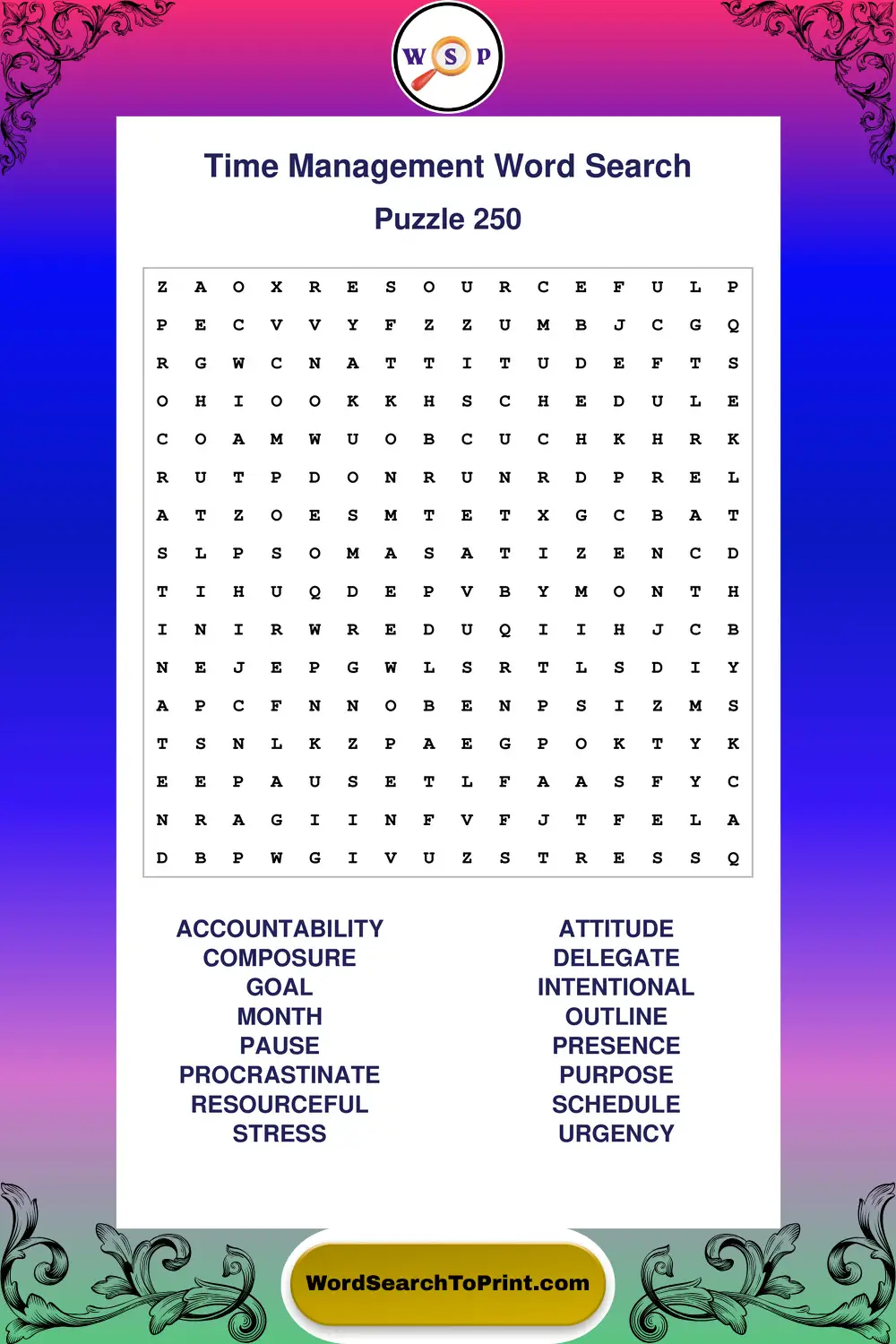Time Management Word Search Puzzle 250