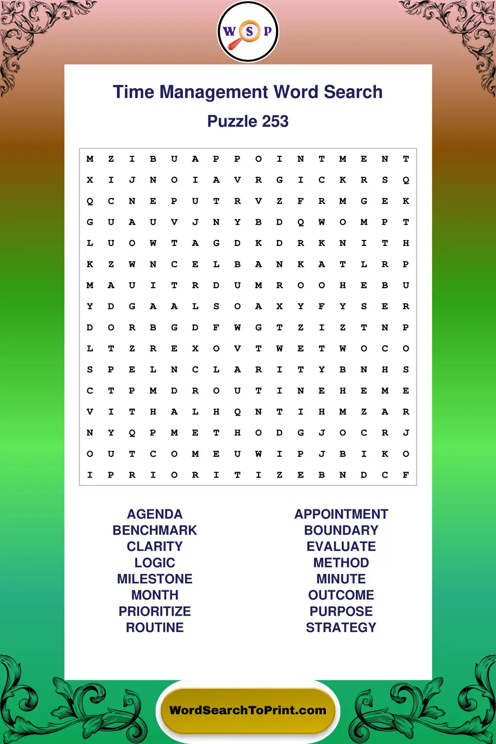 Time Management Word Search Puzzle 253