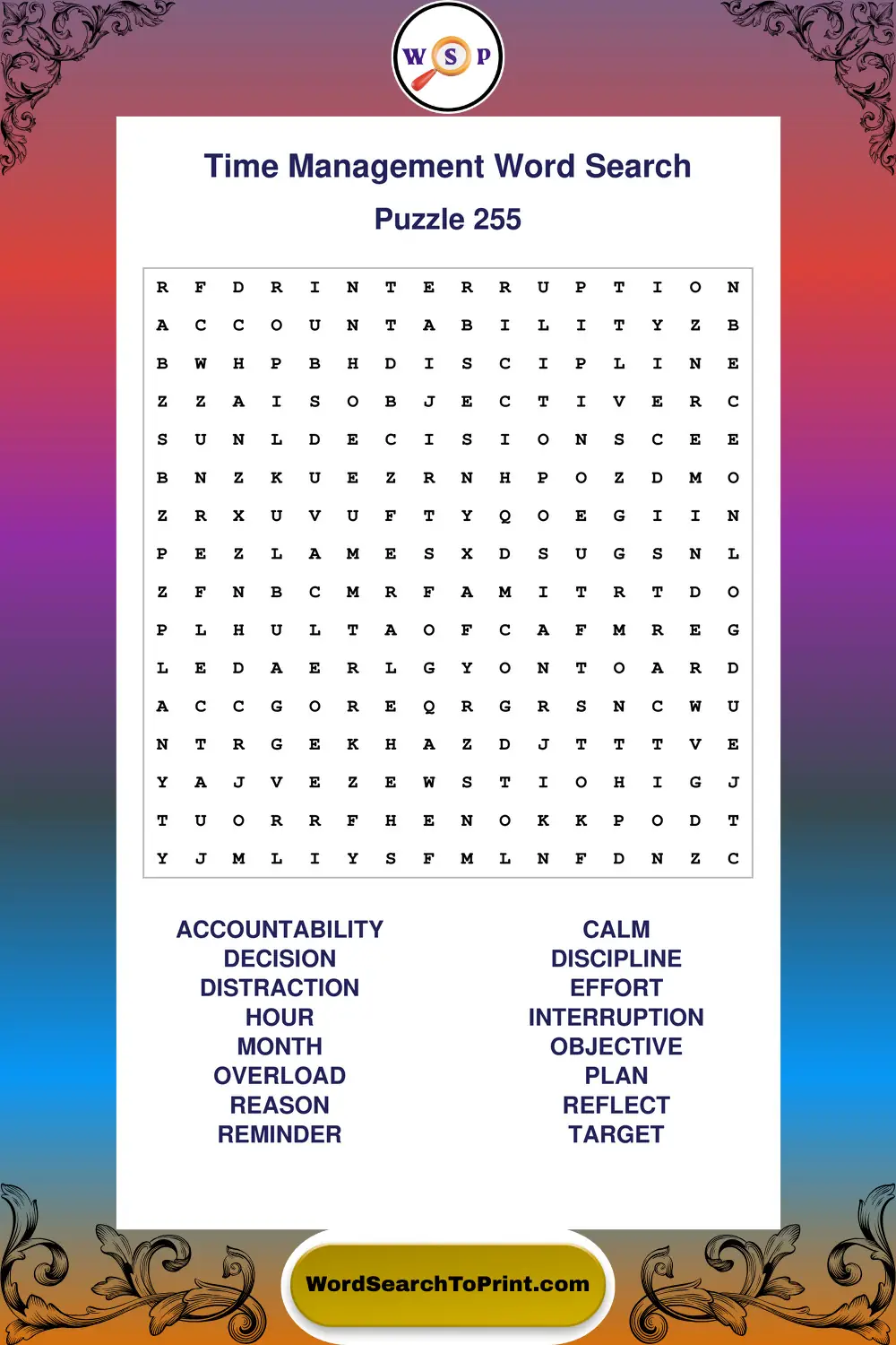 Time Management Word Search Puzzle 255