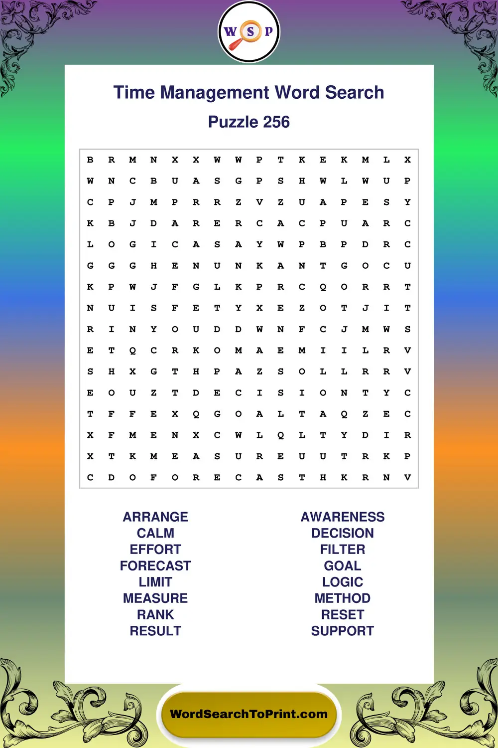 Time Management Word Search Puzzle 256