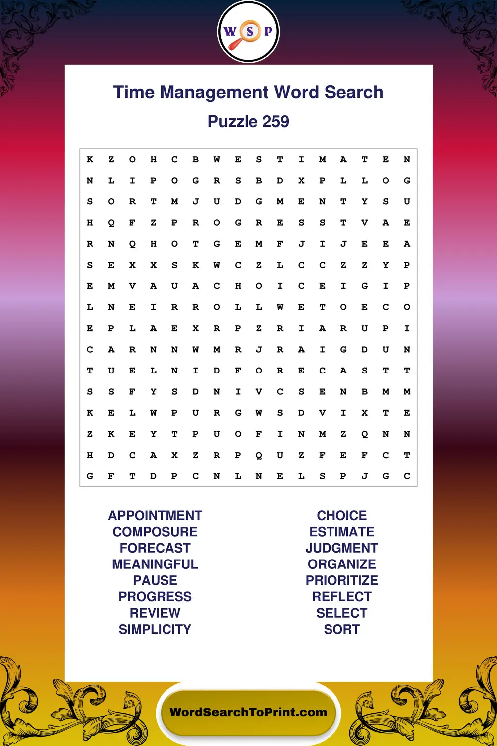 Time Management Word Search Puzzle 259