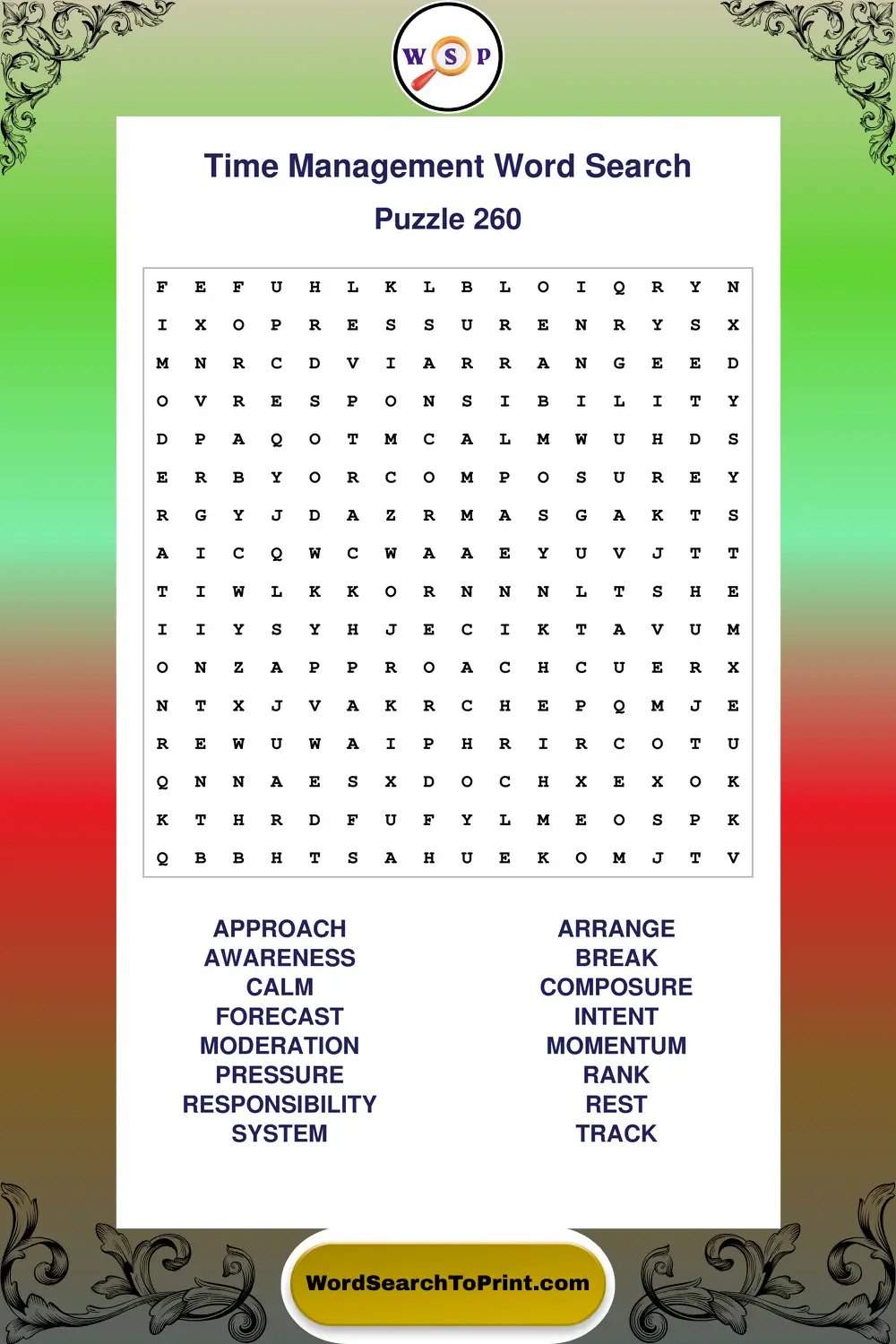Time Management Word Search Puzzle 260