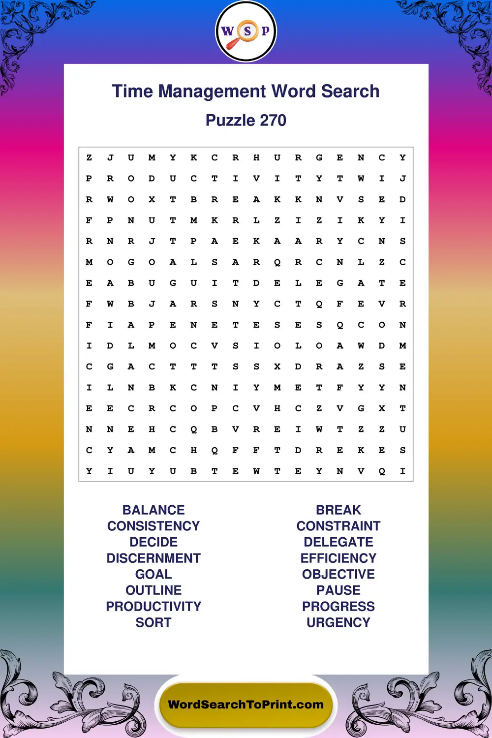 Time Management Word Search Puzzle 270