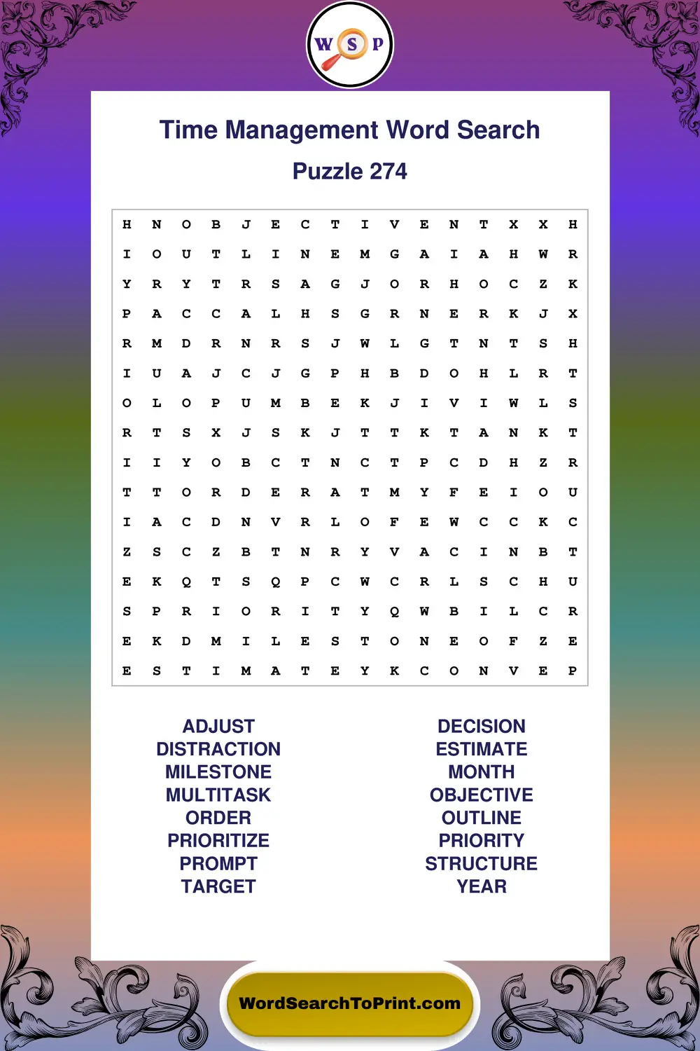 Time Management Word Search Puzzle 274