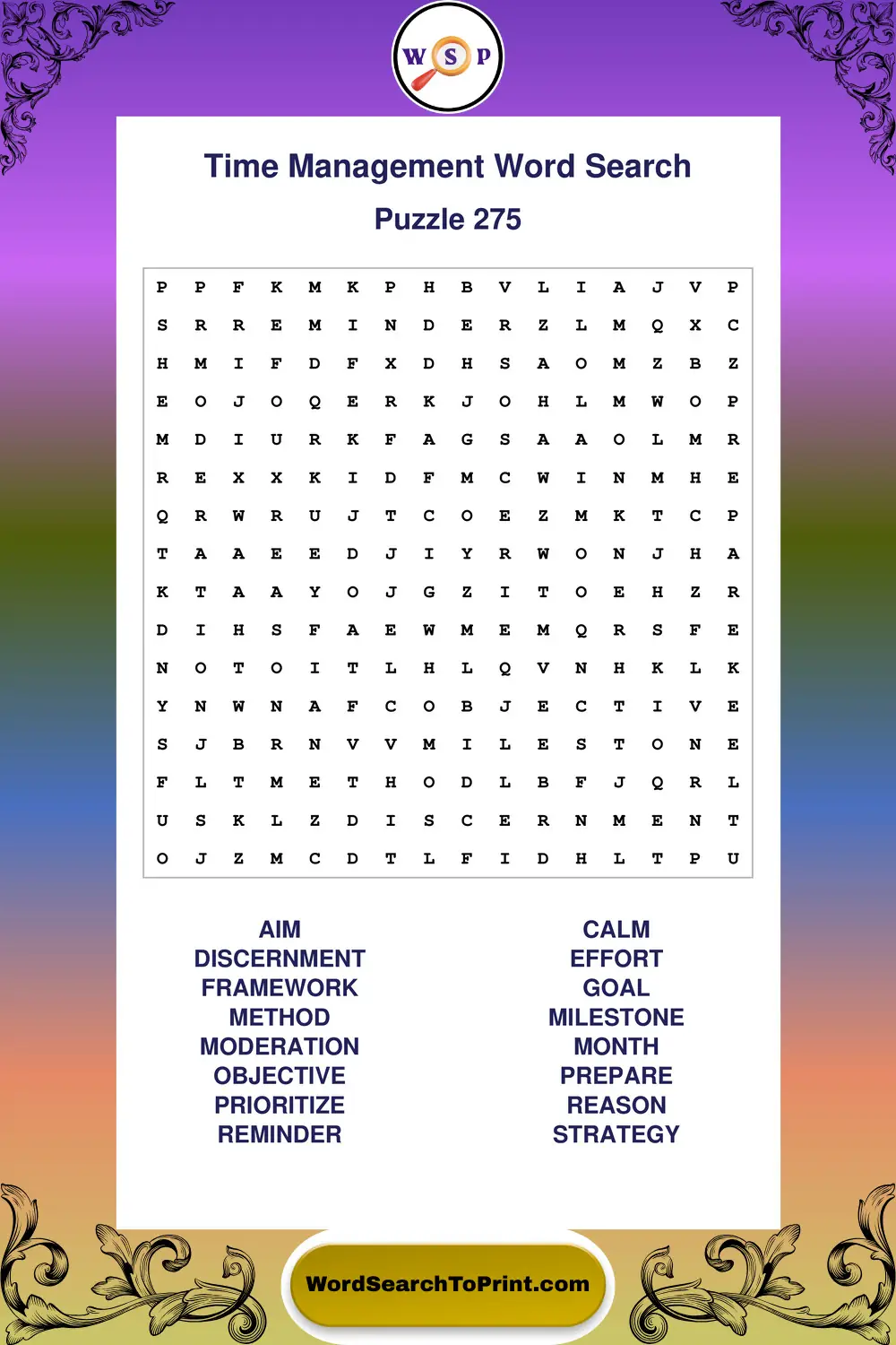 Time Management Word Search Puzzle 275
