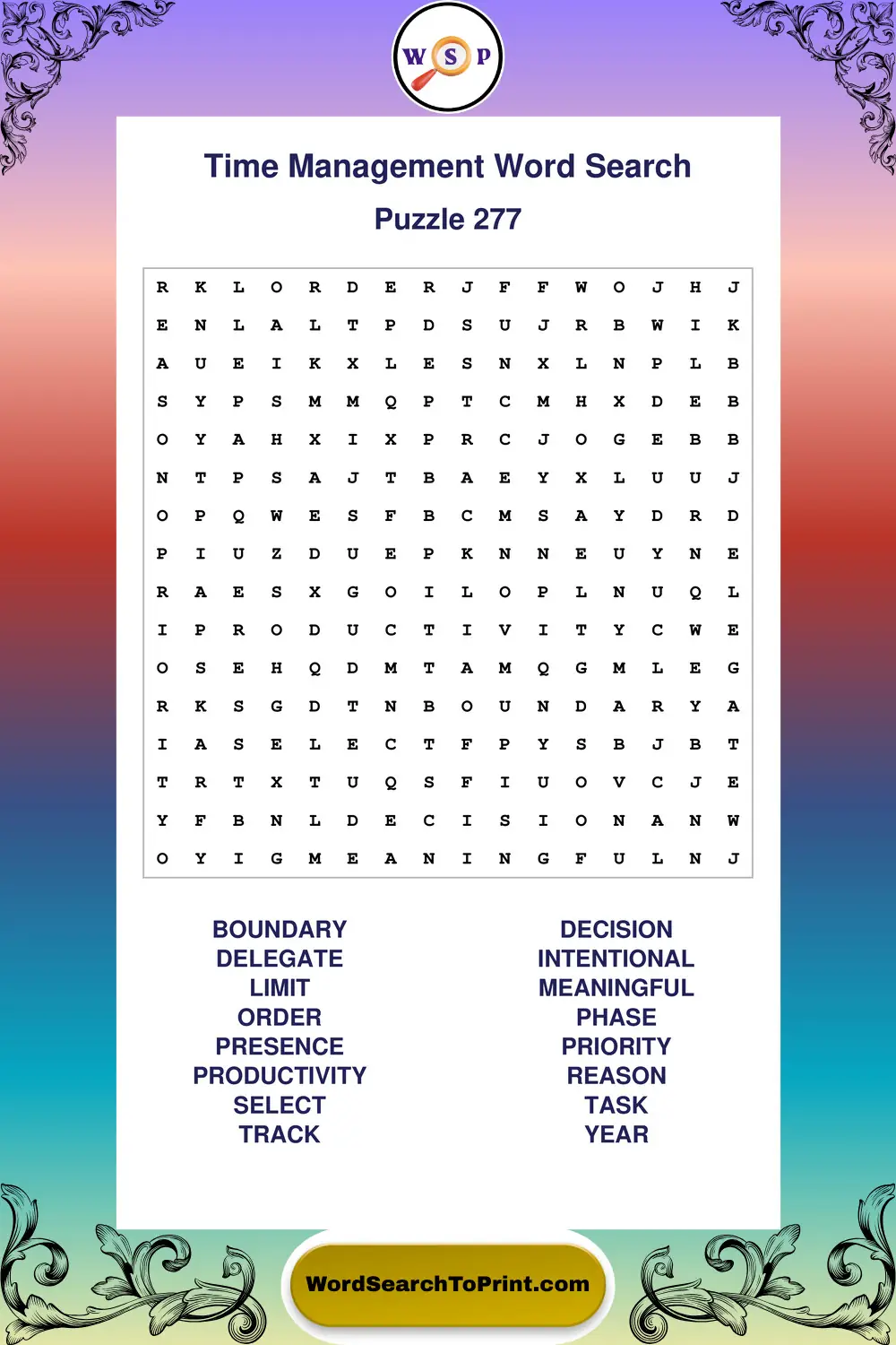 Time Management Word Search Puzzle 277
