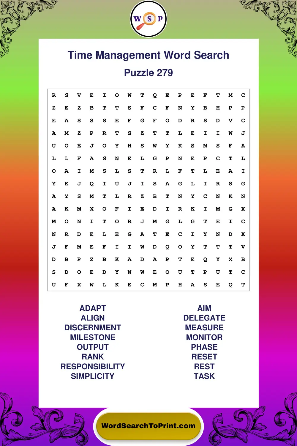 Time Management Word Search Puzzle 279