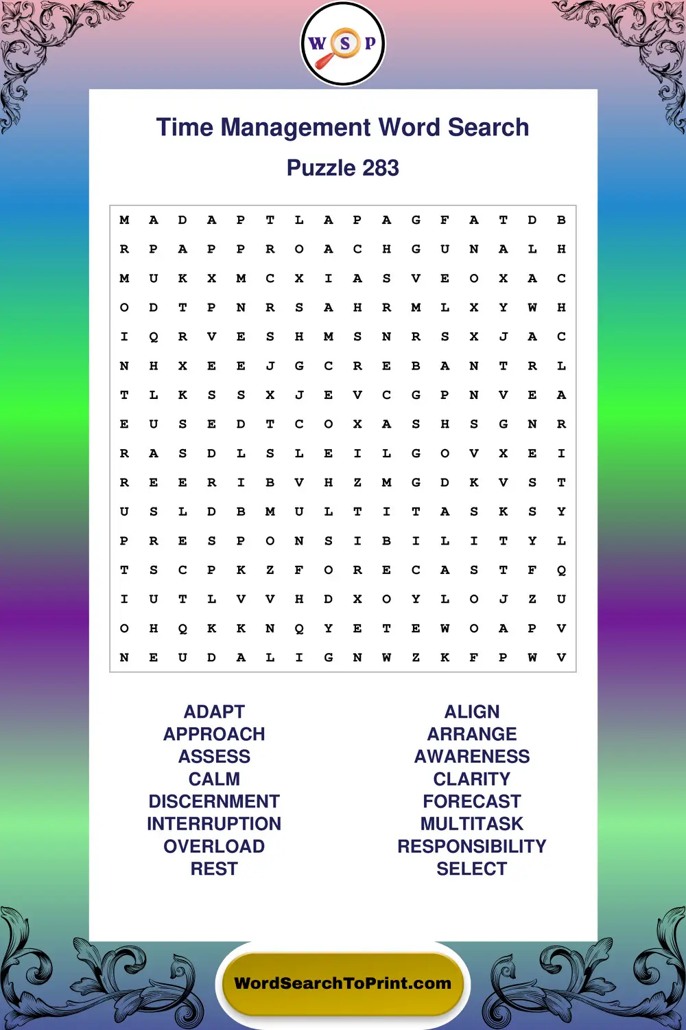 Time Management Word Search Puzzle 283