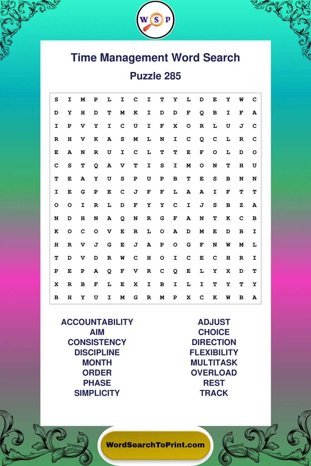 Time Management Word Search Puzzle 285