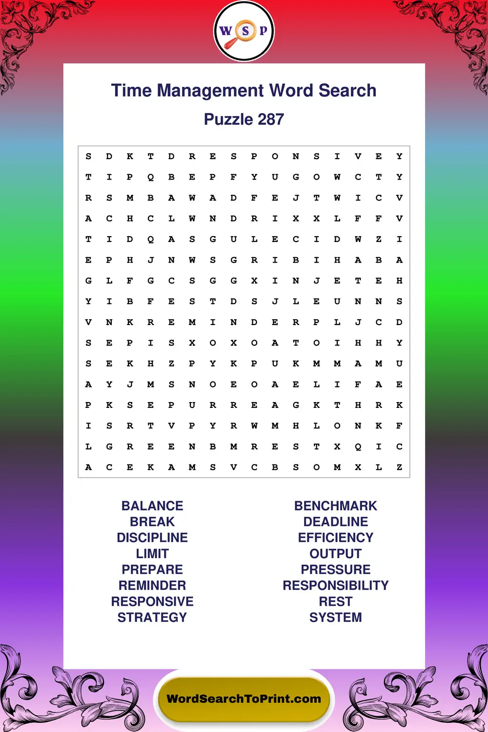 Time Management Word Search Puzzle 287