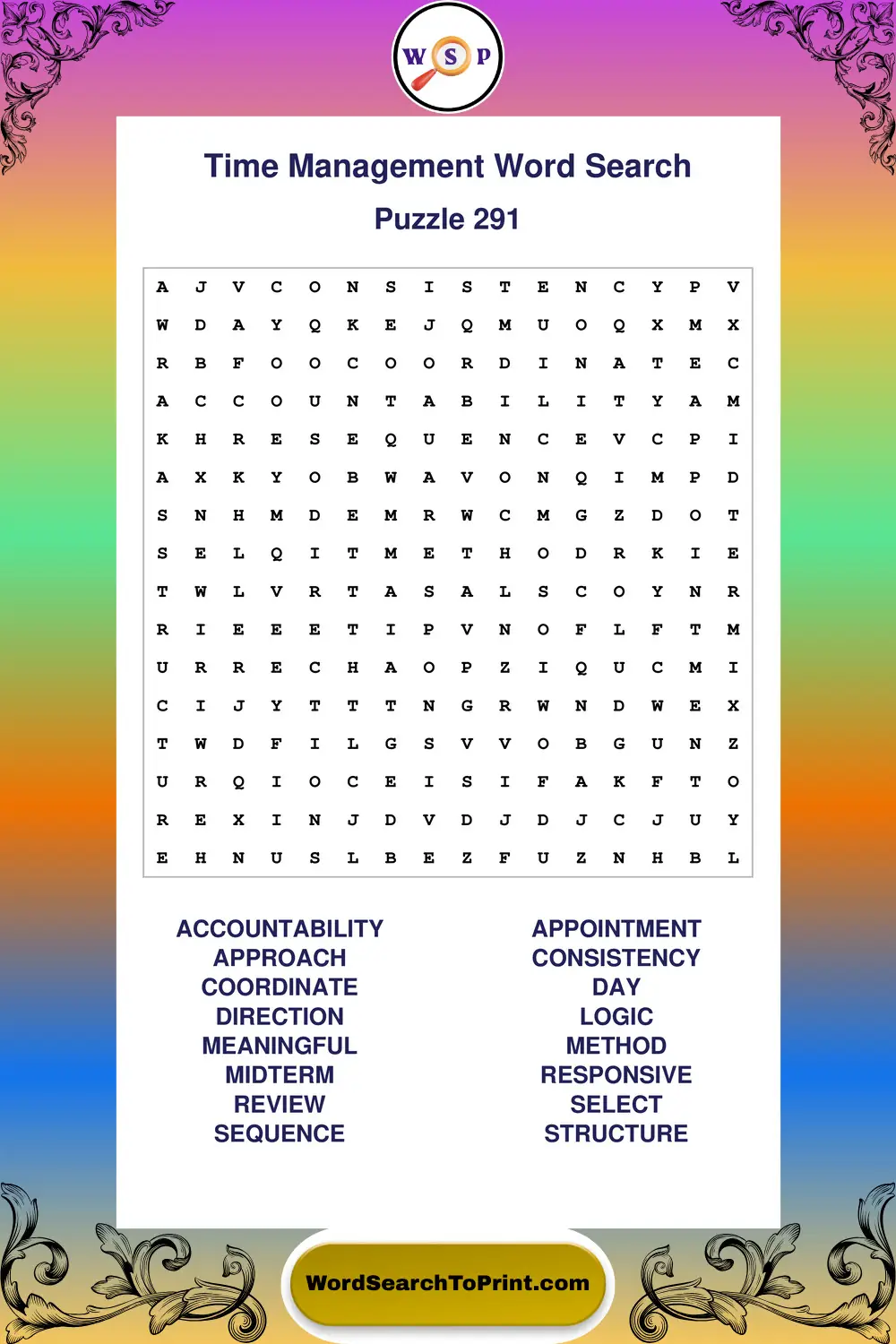 Time Management Word Search Puzzle 291