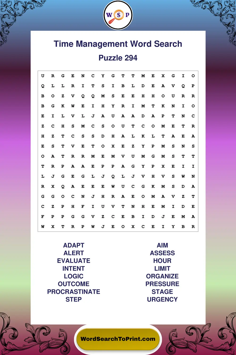 Time Management Word Search Puzzle 294