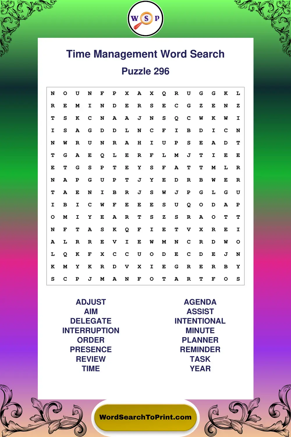 Time Management Word Search Puzzle 296