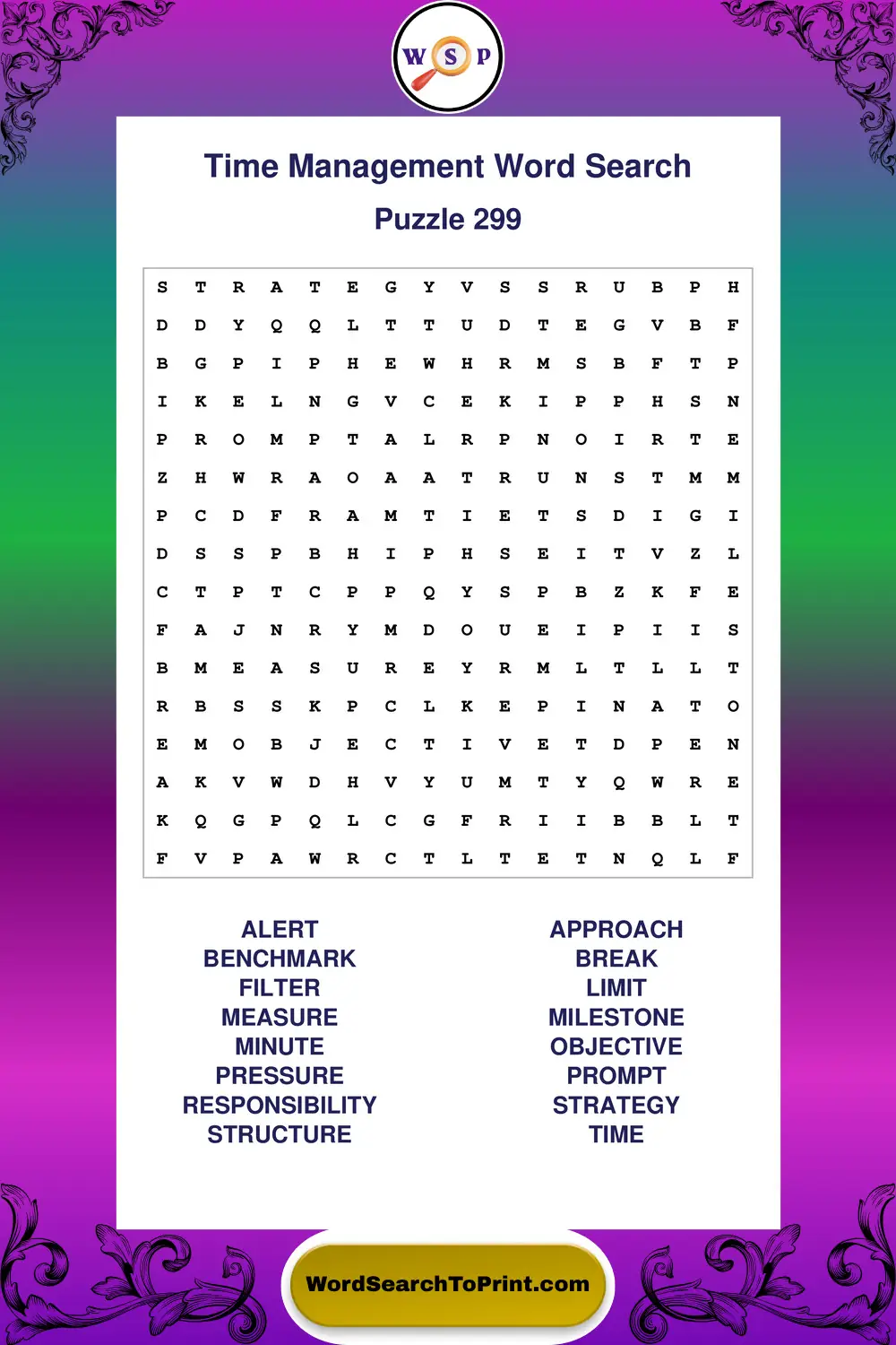 Time Management Word Search Puzzle 299