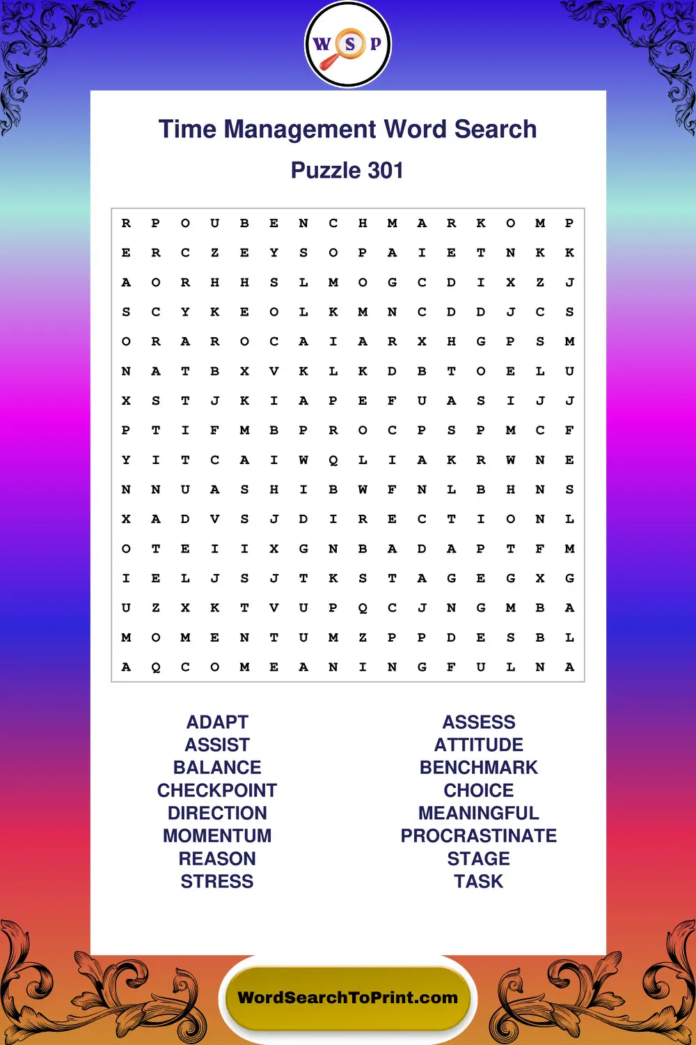 Time Management Word Search Puzzle 301