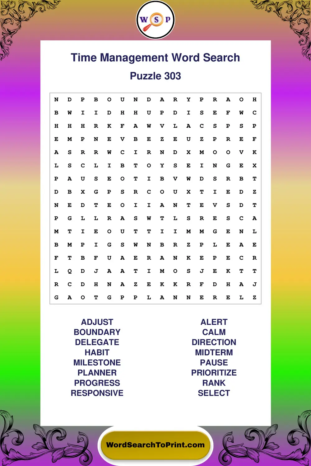 Time Management Word Search Puzzle 303