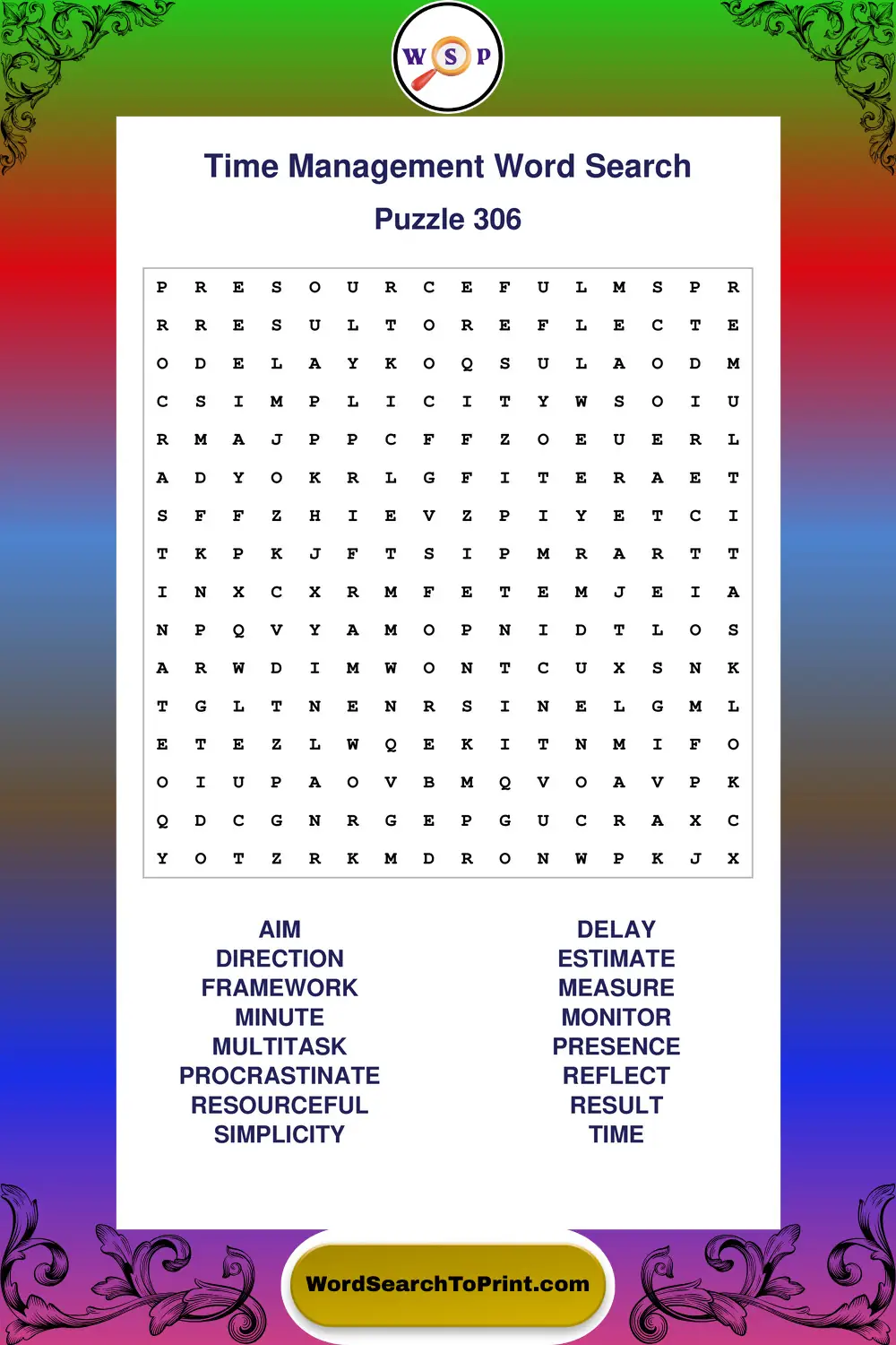 Time Management Word Search Puzzle 306