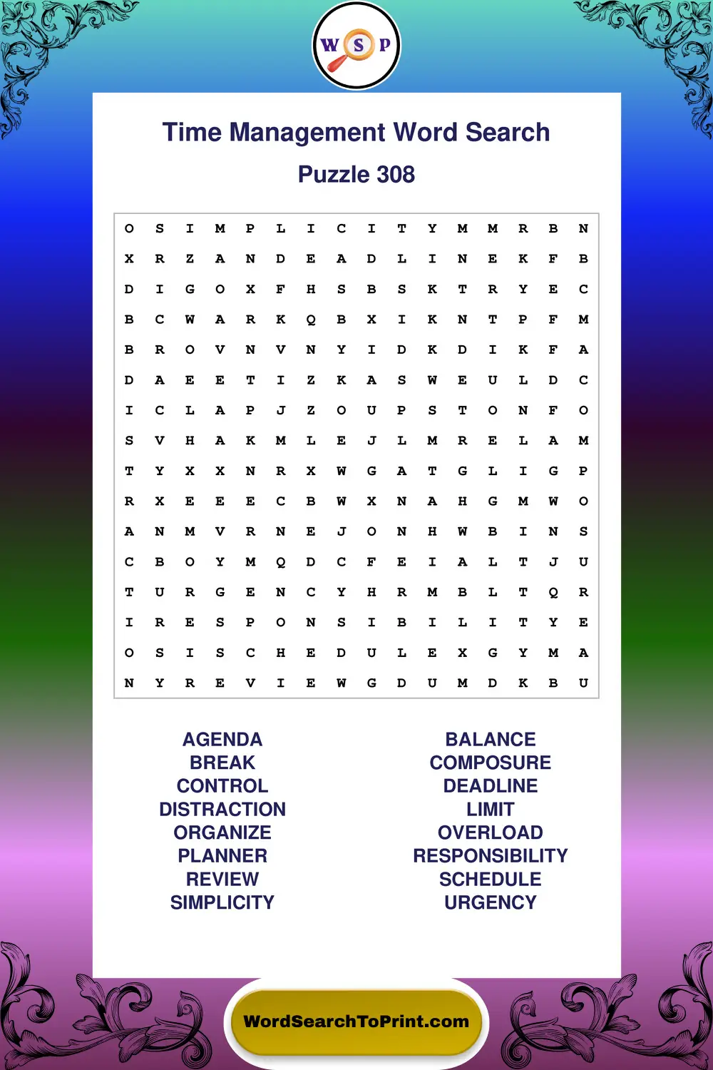 Time Management Word Search Puzzle 308
