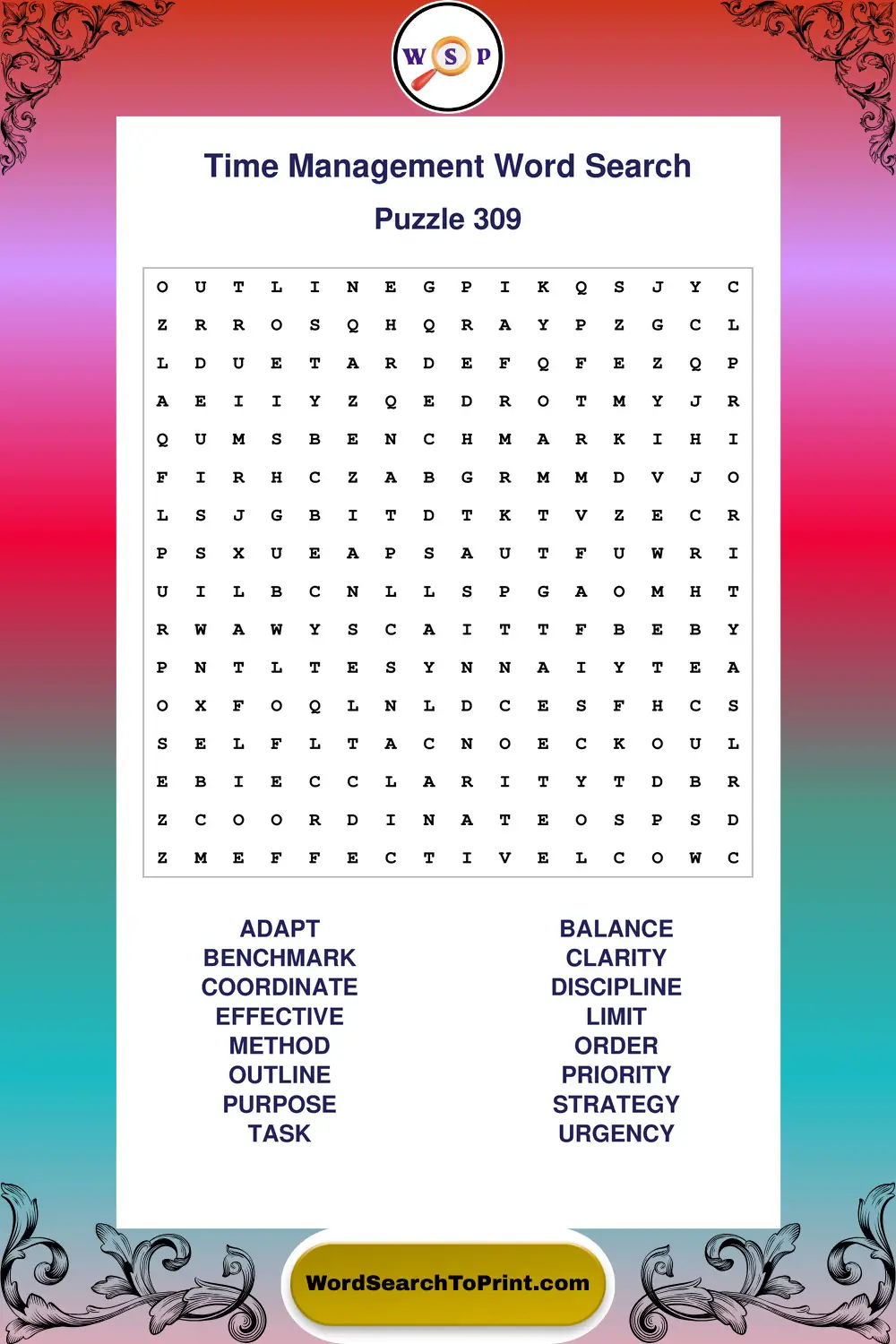 Time Management Word Search Puzzle 309