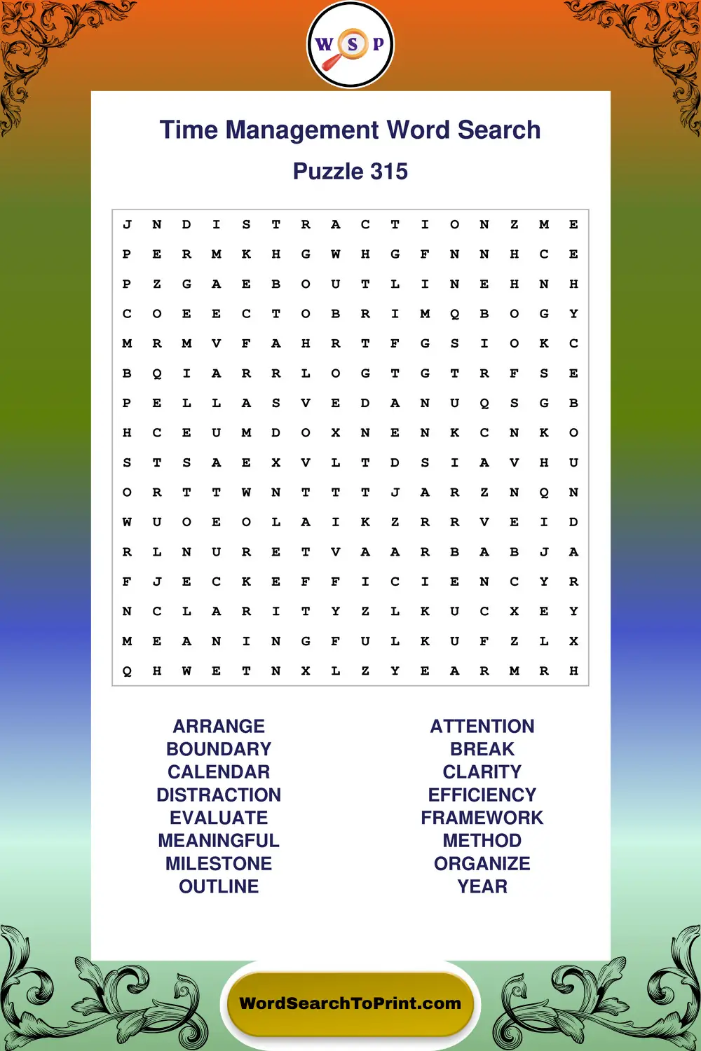 Time Management Word Search Puzzle 315