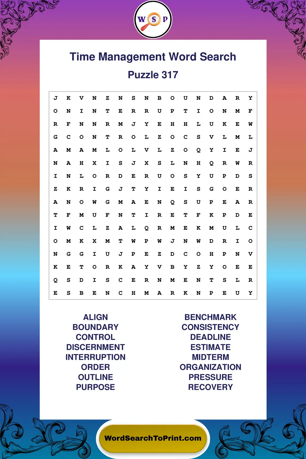 Time Management Word Search Puzzle 317