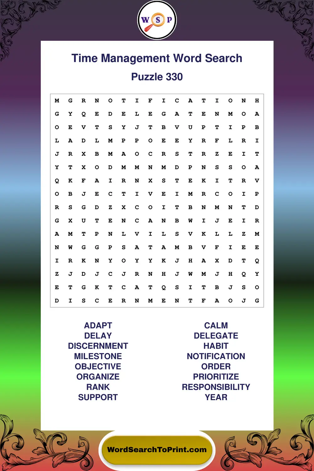 Time Management Word Search Puzzle 330