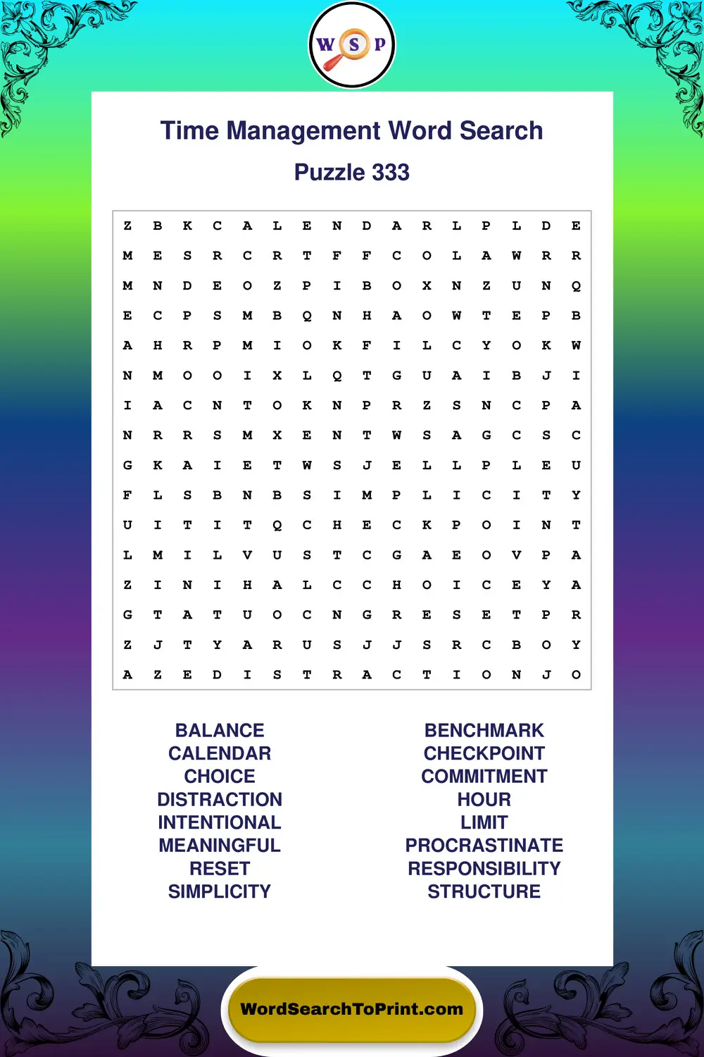 Time Management Word Search Puzzle 333