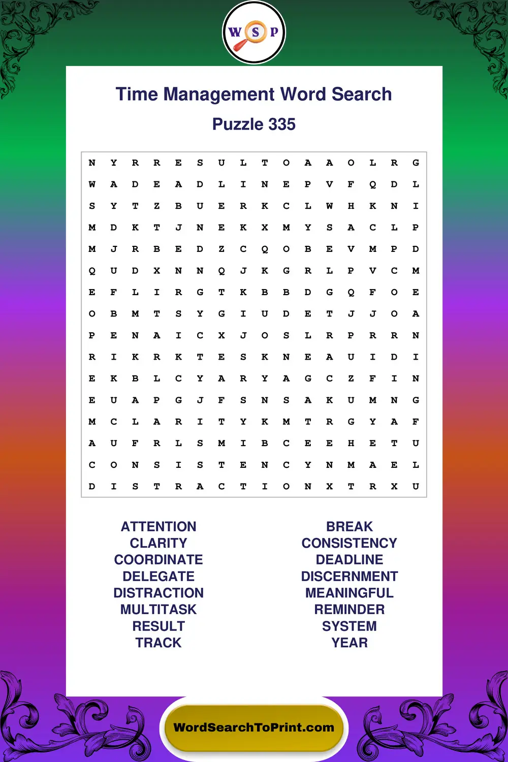 Time Management Word Search Puzzle 335