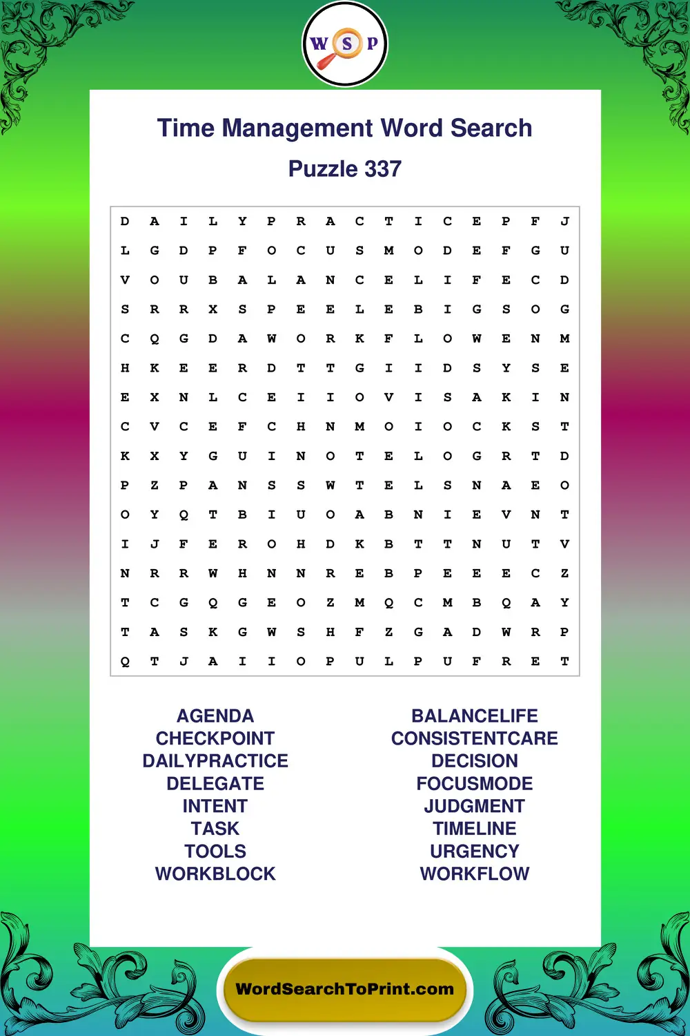 Time Management Word Search Puzzle 337