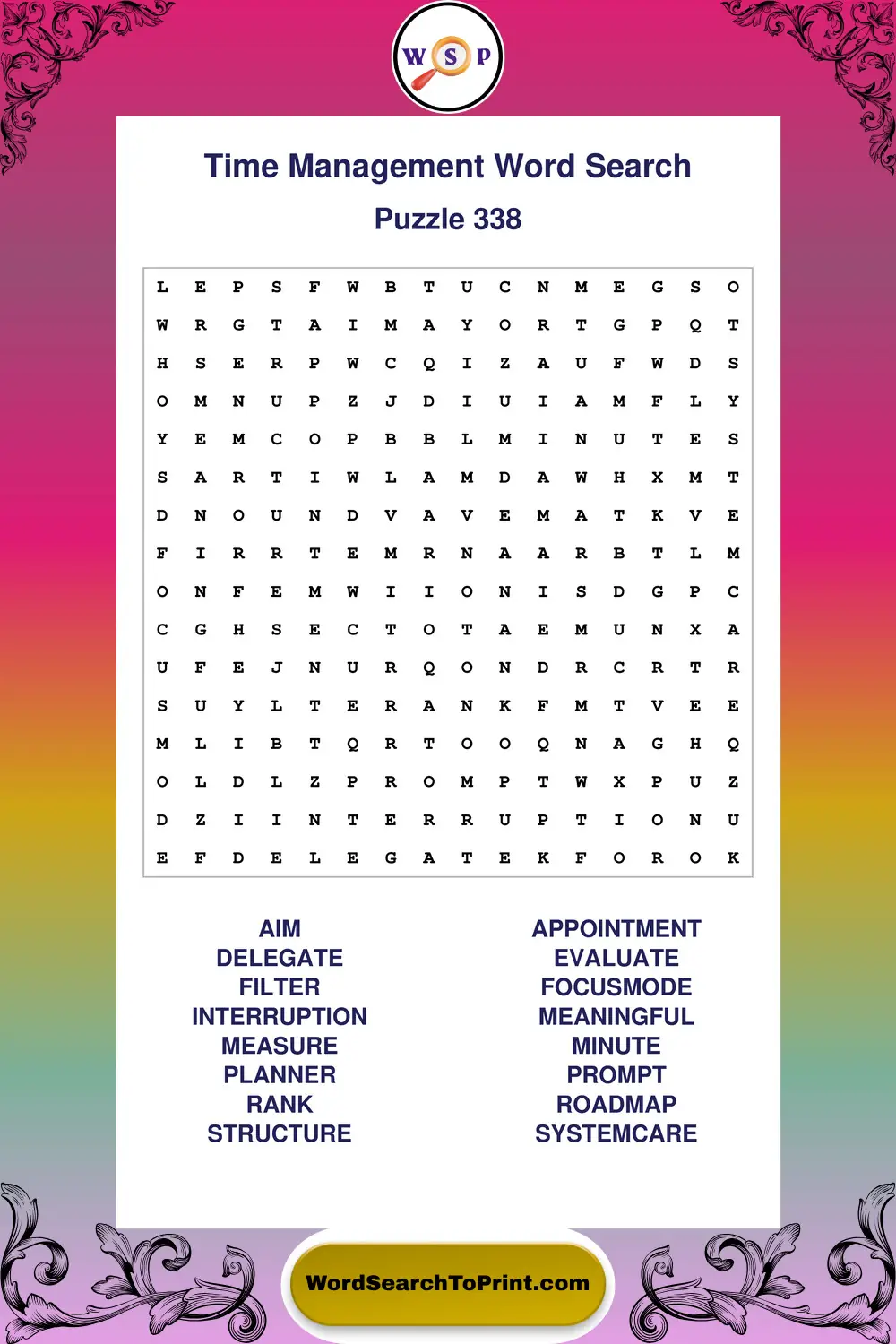 Time Management Word Search Puzzle 338