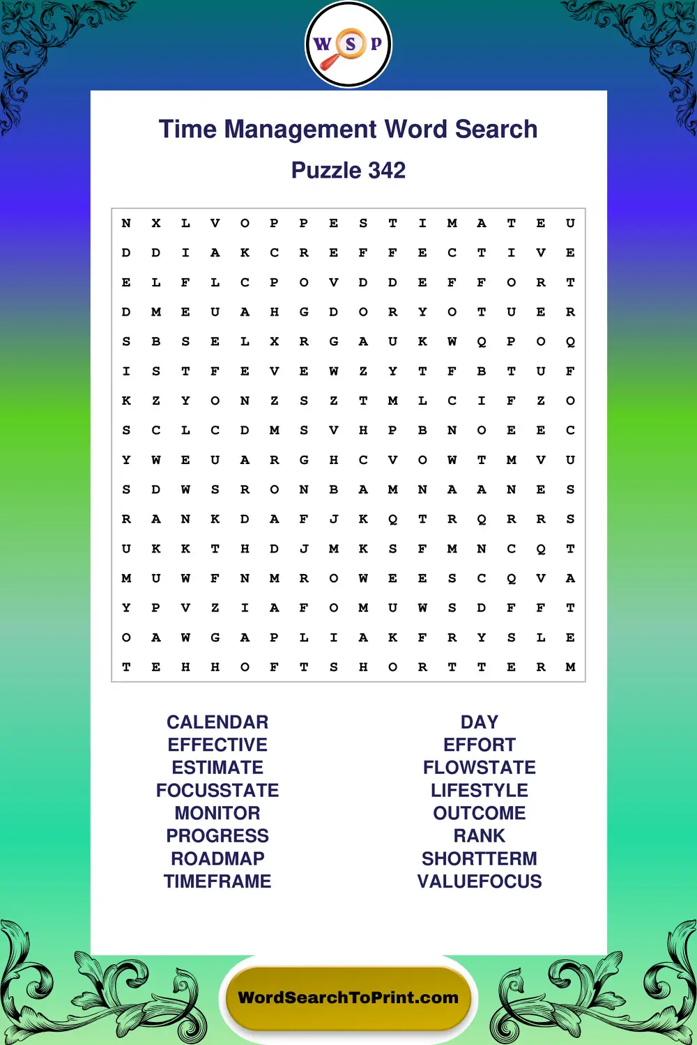 Time Management Word Search Puzzle 342
