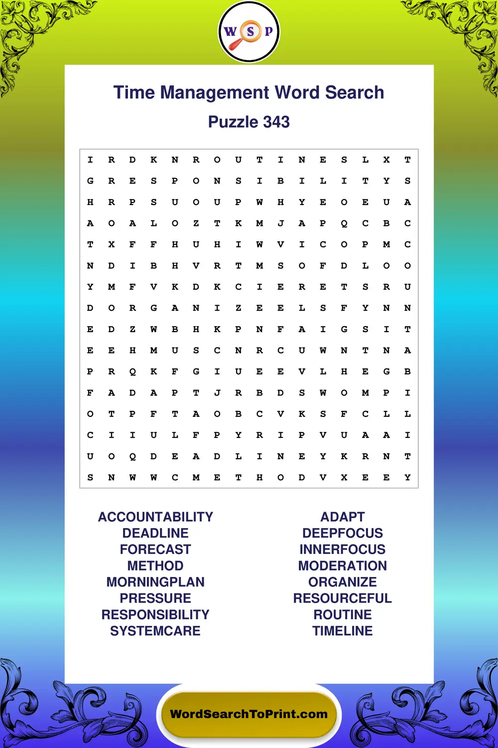 Time Management Word Search Puzzle 343
