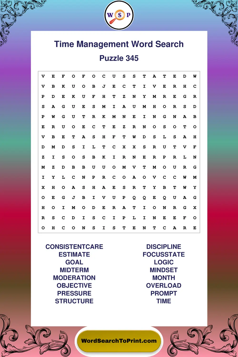 Time Management Word Search Puzzle 345