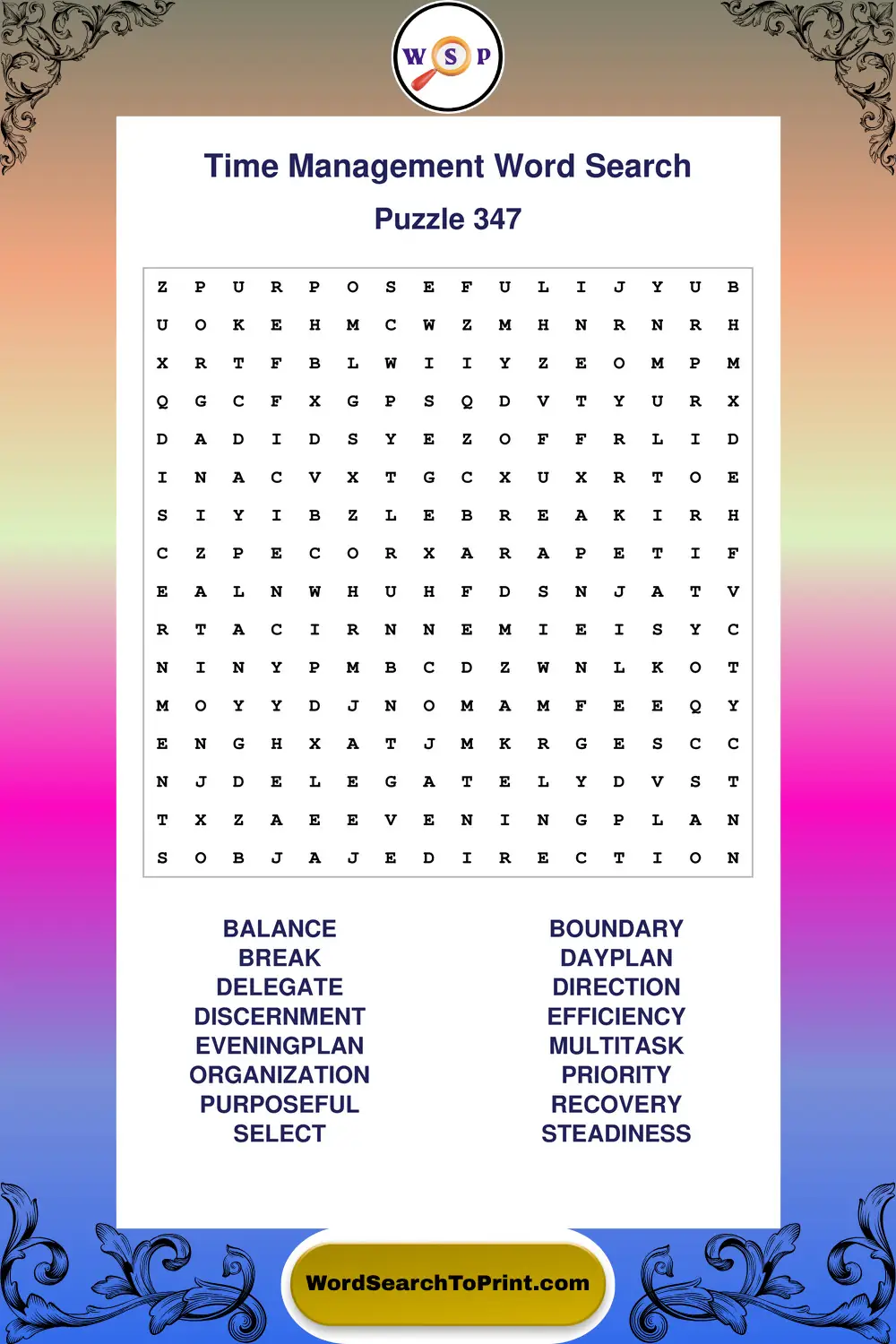 Time Management Word Search Puzzle 347