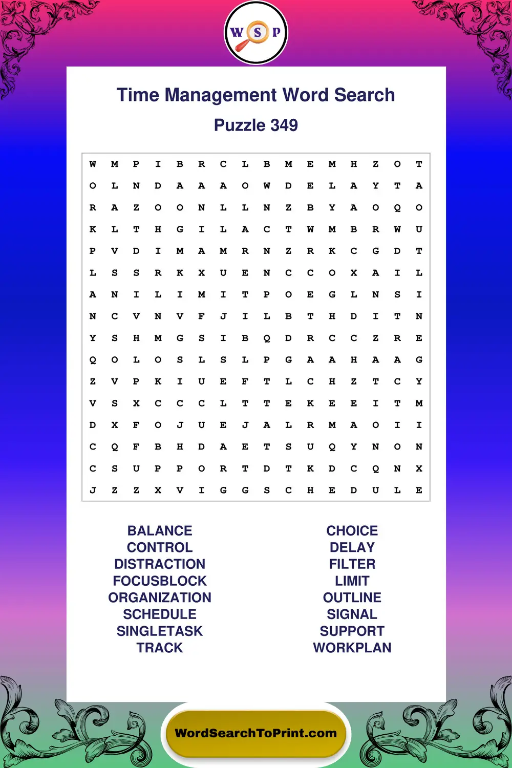 Time Management Word Search Puzzle 349
