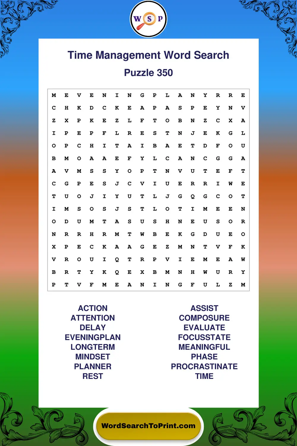 Time Management Word Search Puzzle 350