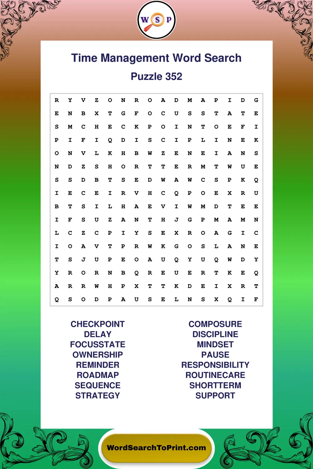 Time Management Word Search Puzzle 352