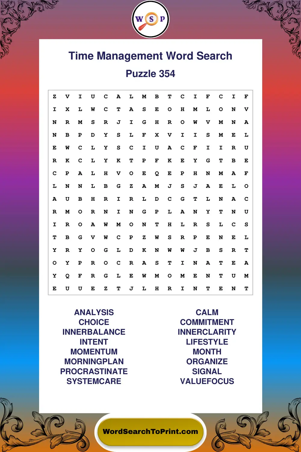 Time Management Word Search Puzzle 354