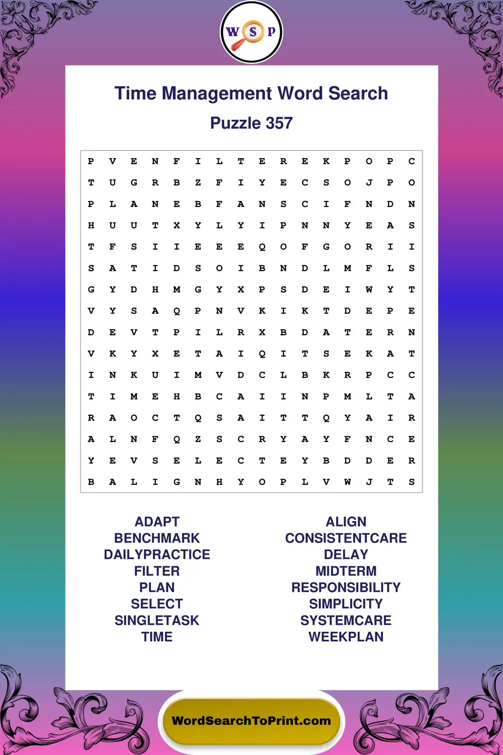 Time Management Word Search Puzzle 357